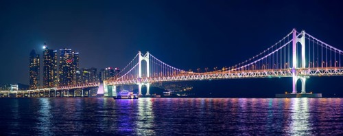 Panorama of Gwangan Bridge and skyscrapers illuminated in the night. Busan, South Korea, Asia