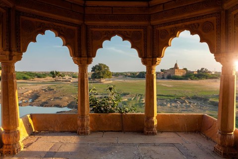 Decorated pavillion at Amar Sagar lake, Jaisalmer, Rajasthan, India, Asia