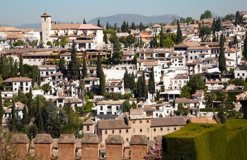 View of historic Moorish buildings in the Albaicin district of Granada, Spain seen from the