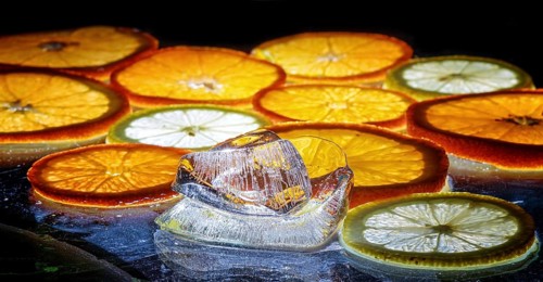 Transparent slices of fresh oranges and lemons on the glass with ice