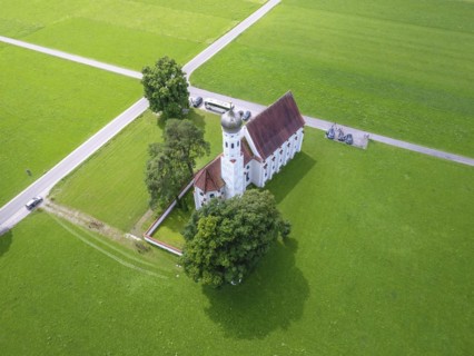 Aerial view of the baroque St. Coloman church near Schwangau in Bavaria, 27.07.2016
