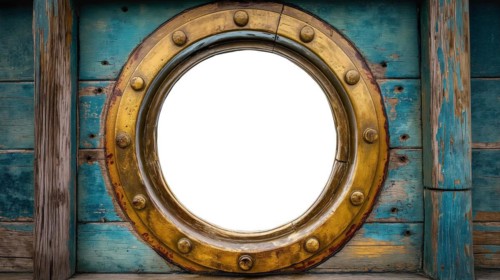 Vintage aged brass ship porthole mounted on a wooden hull with a white background. generative AI,