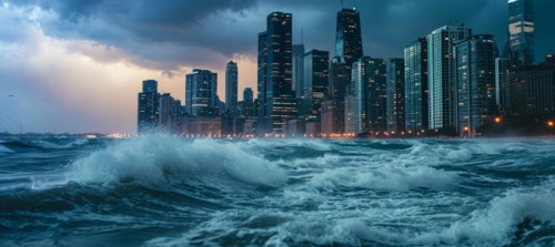 Hurricane destroys city shore, infrastructure and causing damage and floods, AI generated