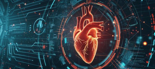 Hearth health cardiology concept with display that shows science research for heart diseases, AI