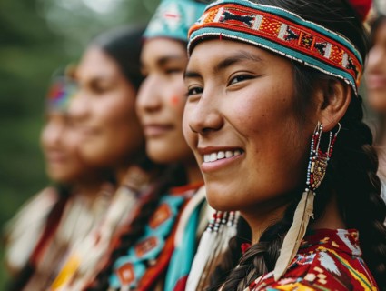 Smiling native indigenous people of Canada dressed in colorful native clothes, AI generated