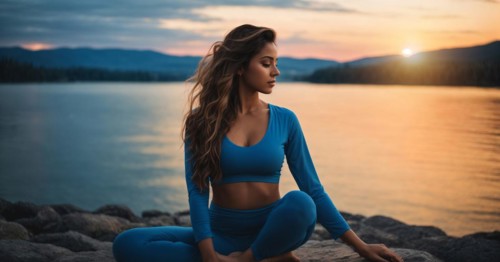 Woman practicing flexible yoga poses and mindful spiritual meditation relaxation near serene lake,