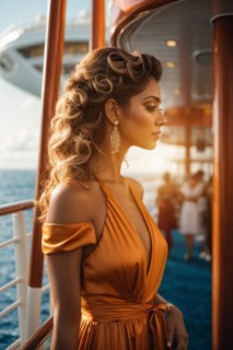 A woman in a pink long evening dress is standing on a deck on a cruise ship. The boat is surrounded