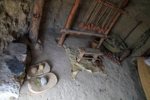 Reconstruction of buildings, Los Millares prehistoric Chalcolithic settlement archaelogical site,