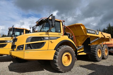 Articulated dumpers, dump trucks on a construction site, Denmark, Europe