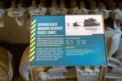 Information panel about Sherman Beach Armoured Recovery Vehicle (BARV) D-Day landings, REME museum,