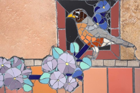 Wall mosaic with migratory thrush by Isidora Paz López 2019, one, bird figure, flower figures,