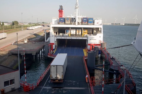 Loading lorries onto Ro-Ro cargo ship, Hook of Holland ferry terminal, Port of Rotterdam,