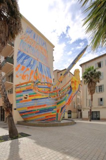 Sculpture Le Bateau Sculpture by Alexandre-Benjamin Navet 1995, colourful ship with Neptune as