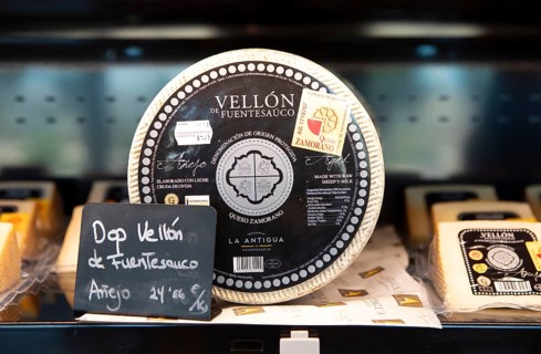 Typical Zamora cheese for sale in a cheese factory, Fuentesaúco, province of Zamora, Castile and