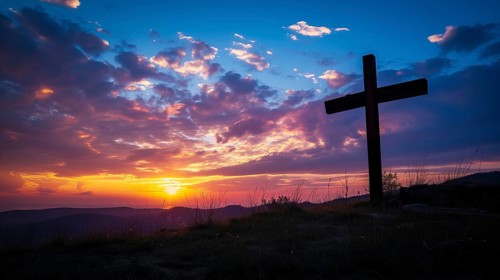 Easter concept cross on Golgotha Calvary hill against a dramatic sunset, AI generated
