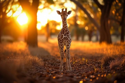 Baby giraffe standing amidst the golden rays of the setting sun, surrounded by nature s beauty, AI