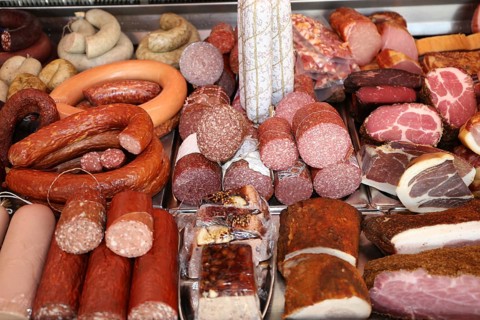 Sausage counter in a butcher's shop
