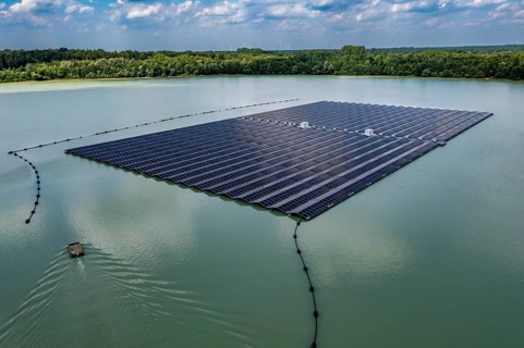 Germany's largest floating solar power plant on the Silbersee III, a quarry pond no longer used for