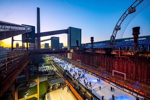Ice rink at the Zollverein coking plant, Zollverein World Heritage Site, Essen, Germany, Europe