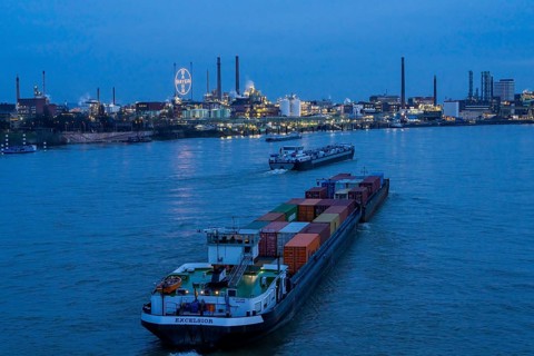 Backdrop of Chempark Leverkusen, Bayer Leverkusen, chemical park, chemical plant, river Rhine,