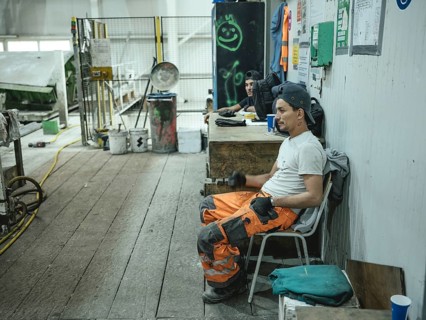 Workers during a break in the production of segments for the Brenner Base Tunnel, Zenzendorf,