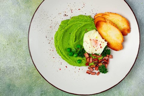 Mashed peas, with boiled egg, fried bacon, toast, baguette, breakfast, homemade, no people