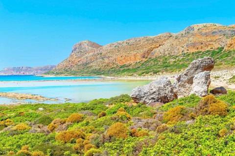 View of Balos bay, Gramvousa Peninsula, Chania, Crete, Greece, Europe