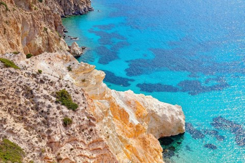 Multicoloured rock formations, Firopotamos, Milos Island, Cyclades Islands, Greece, Europe