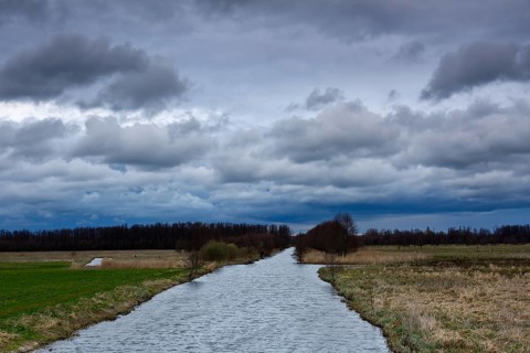 Ditch on the river Trebel in the evening light, old agricultural harbour, Flusslandschaft Peenetal