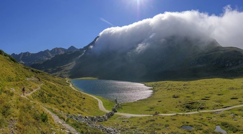 Fog over the mountain ridge at the upper Giglachsee, Schladming, Styria, Austria, Europe
