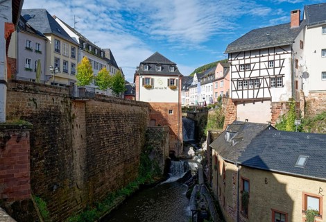 The Leukbach stream and the waterfall in Saarburg town centre. Saarburg, Rhineland-Palatinate,