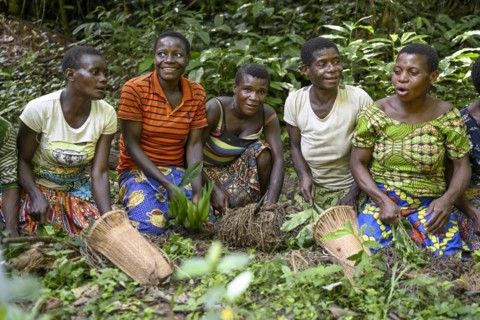 Pygmy woman from the Baka or BaAka people swear to hunt, hunting magic, net hunting, Dzanga-Sangha