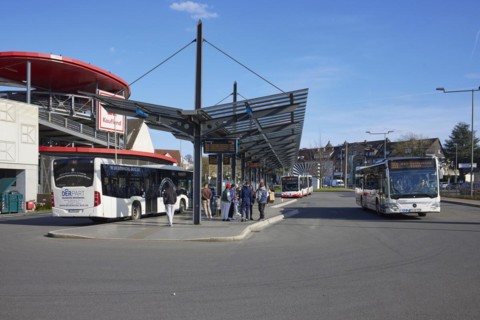 Kaufland car park and the bus station with departing bus in Hattingen, Ennepe-Ruhr-Kreis, North