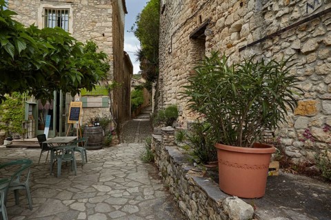Restuarant in an old stone house in La Roque-sur-Cèze, Département Gard, Occitanie region, France,