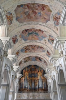 Baroque vault with organ loft of the Basilica of St Mauritius, Niederaltaich, Lower Bavaria,