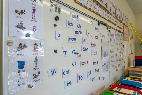 Classroom of a fourth grade, after school, the building is older but in good condition, language