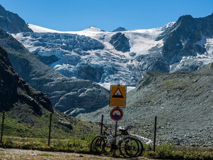 Hiking signpost at the Moiry glacier, Valais, Switzerland, Europe