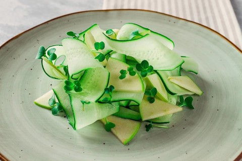 Spring, green salad, cucumber with apple, top view, close-up, no people, microselen radish, healthy