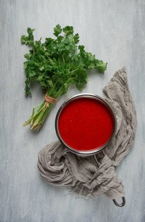 Tomato sauce with pepper and spices, Satsebeli, Georgian cuisine, red sauce, top view, homemade, no