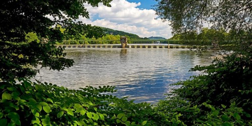 Barrage at the Stiftsmühle run-of-river power station, confluence of the Ruhr and Volme rivers,