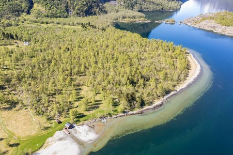 Aerial view of lake Lovatnet (or: Loenvatnet), sandy beach and birch forest, valley Lodalen south