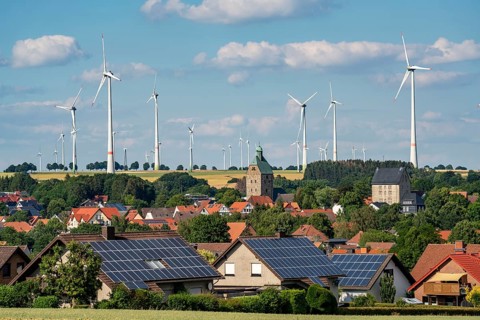 Wind farm near the East Westphalian town of Energiestadt Lichtenau, many residential buildings with