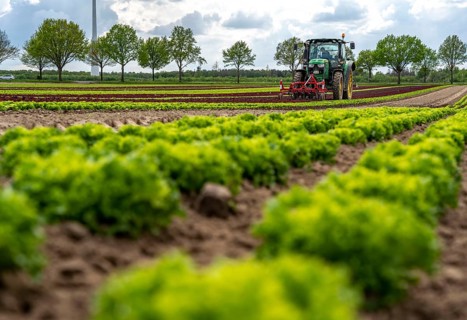 Agriculture, lettuce growing in a field, Lollo Bionda and Lollo Rossa, in long rows of plants,