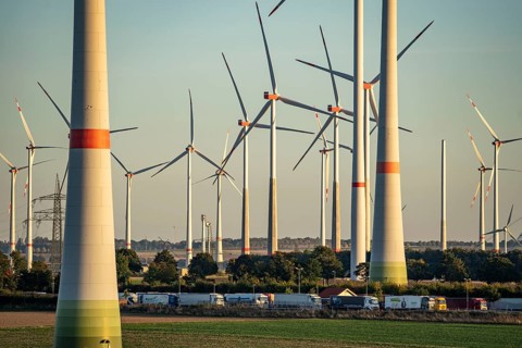 Wind farm near Bad Wünnenberg, Ostwestfalen Lippe, along the A44 motorway, North Rhine-Westphalia,