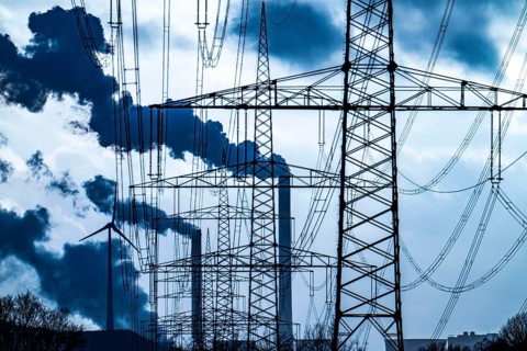 High-voltage power lines, overhead pylons, UNIPER coal-fired power plant Scholven in the