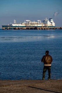 The Höegh Esperanza, an LNG storage and vaporisation vessel, is moored at the LNG terminal near