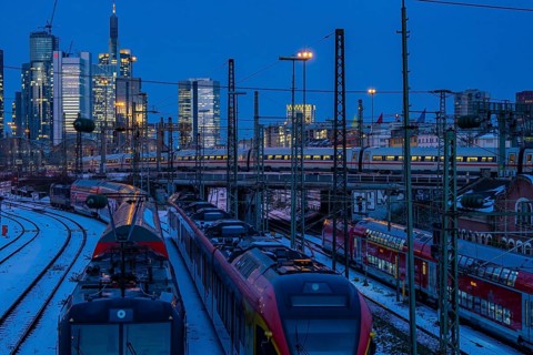 Railway tracks in front of the main station of Frankfurt am Main, ICE train, skyline of the