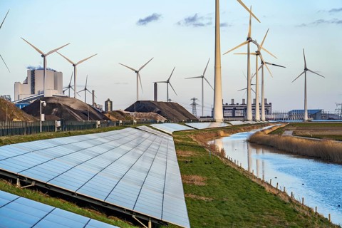 Solar park on the Slaperdijk dyke near the Eemshaven, test project, 17, 000 solar modules were