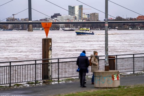 Water police boat, flooding of the Rhine near Düsseldorf, North Rhine-Westphalia, Germany, Europe