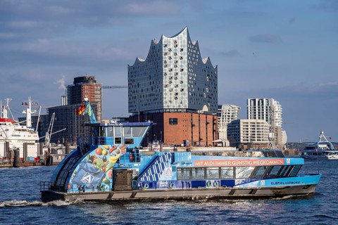 Hadag harbour ferry, Elbe Philharmonic Hall, on the Elbe, Hamburg, Germany, Europe